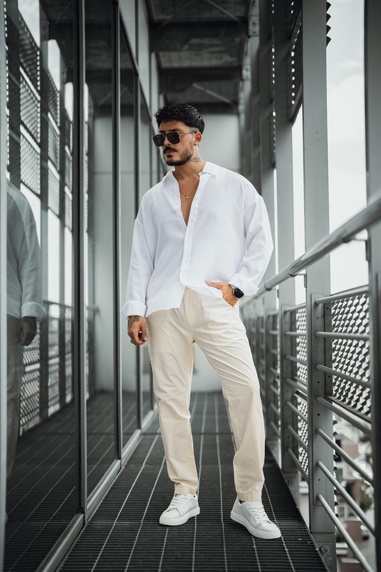 Düz Pamuku Boyfriend Pantolon Krem