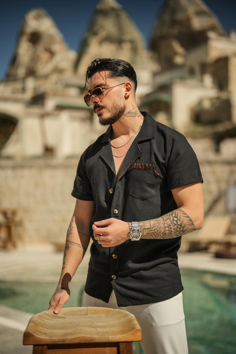 El Nakış Keten Detaylı Oversize Gömlek Siyah