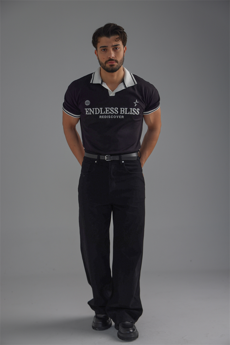 ENDLESS Baskılı Polo Yaka Tshirt Siyah