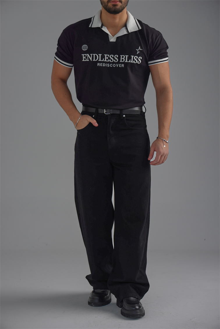 ENDLESS Baskılı Polo Yaka Tshirt Siyah
