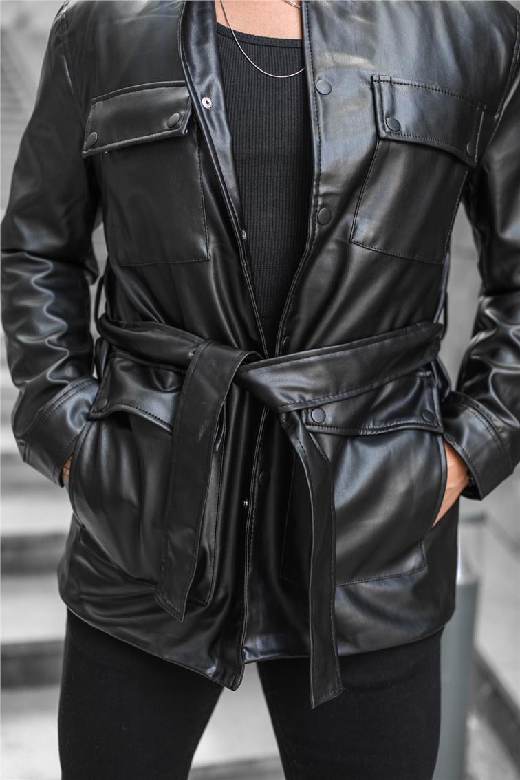 Erkek Vintage Kemerli Deri Ceket Siyah