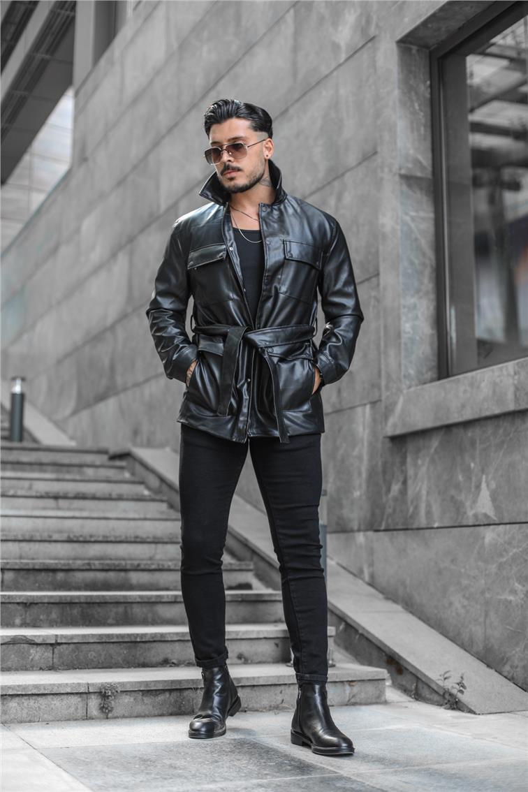 Erkek Vintage Kemerli Deri Ceket Siyah