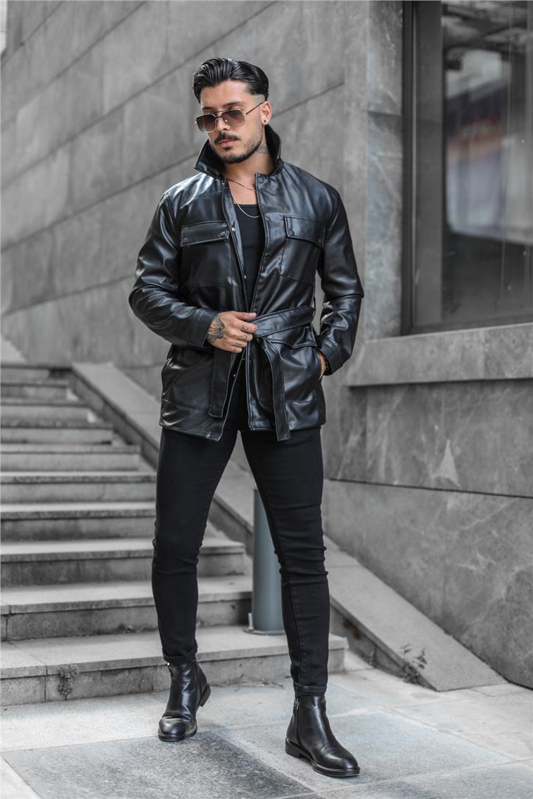 Erkek Vintage Kemerli Deri Ceket Siyah