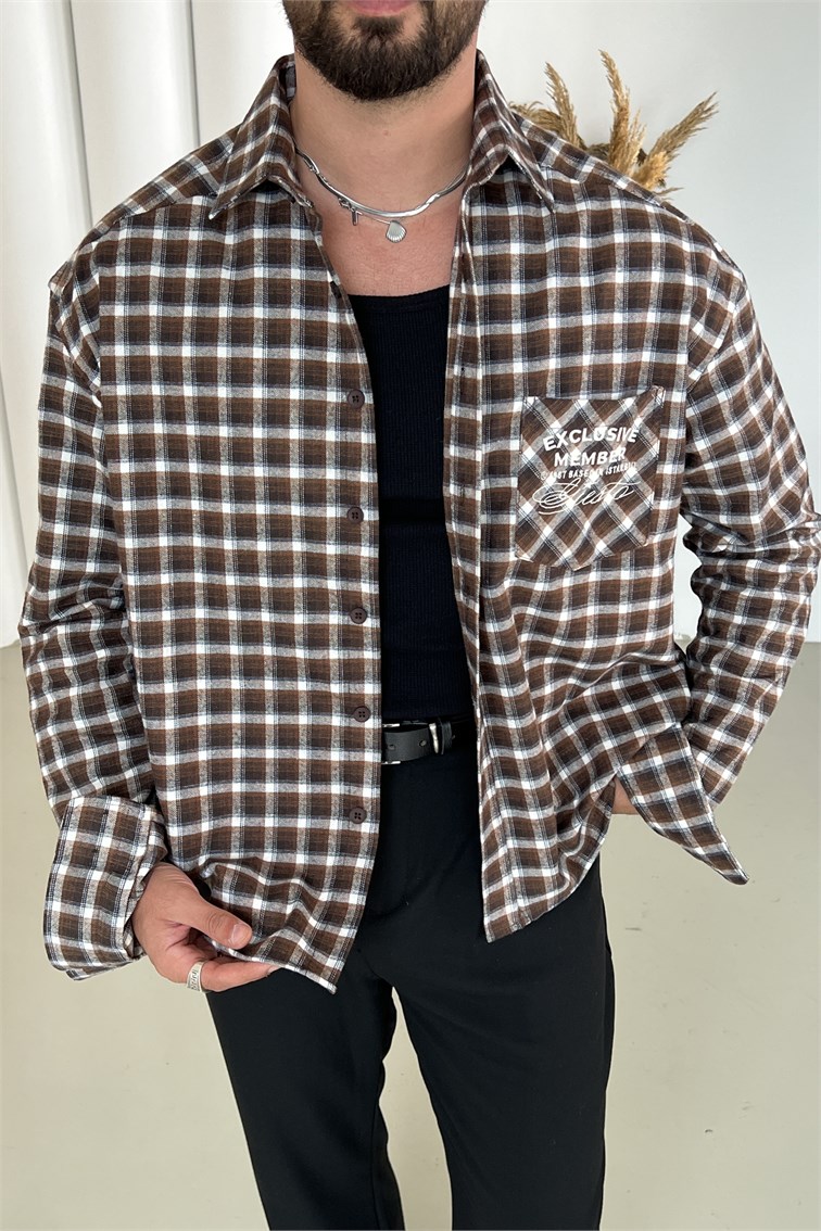 Exclusive Member Nakışlı Box Fit Oduncu Gömlek Kahve