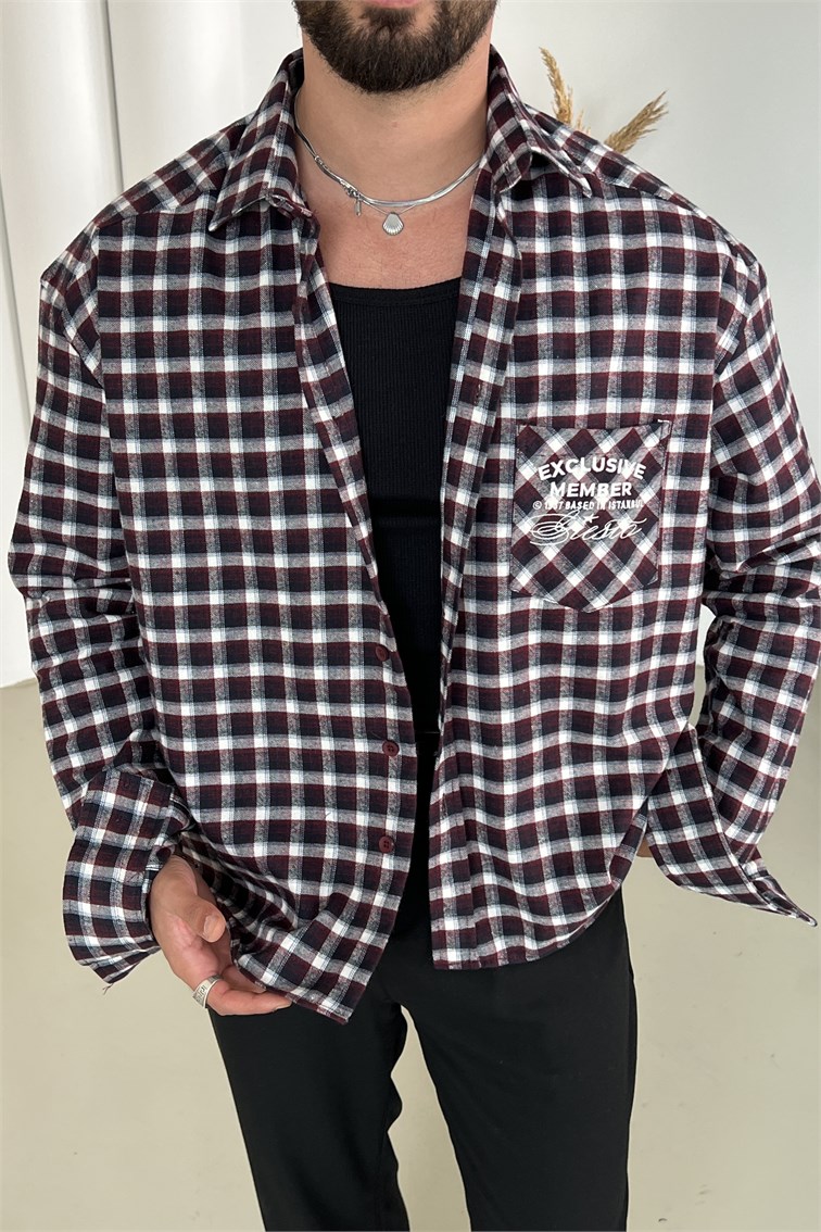 Exclusive Member Nakışlı Box Fit Oduncu Gömlek Bordo
