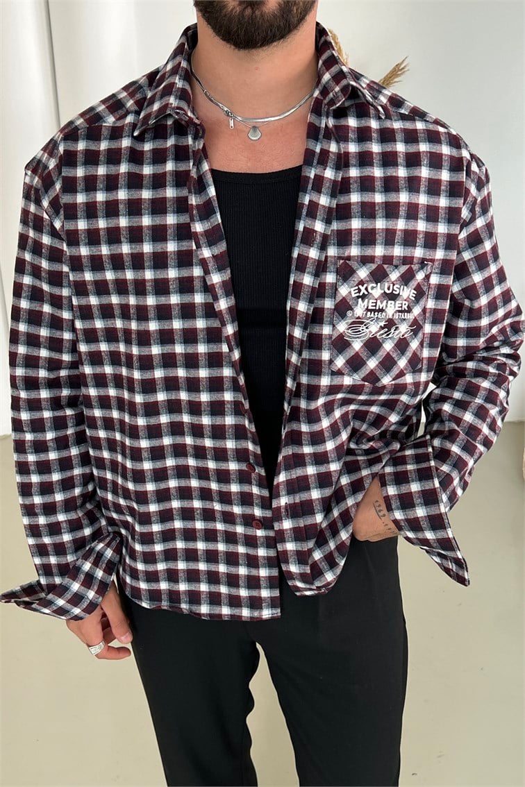 Exclusive Member Nakışlı Box Fit Oduncu Gömlek Bordo