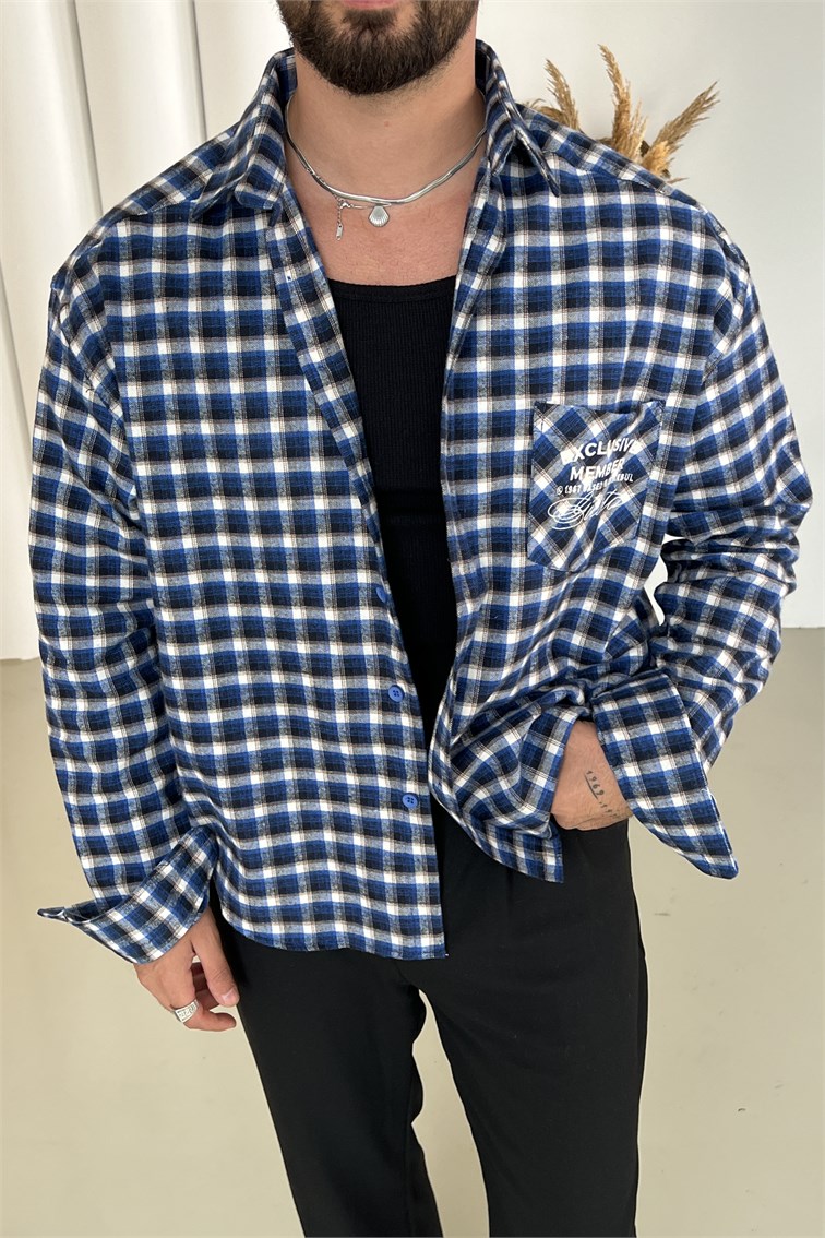 Exclusive Member Nakışlı Box Fit Oduncu Gömlek Mavi