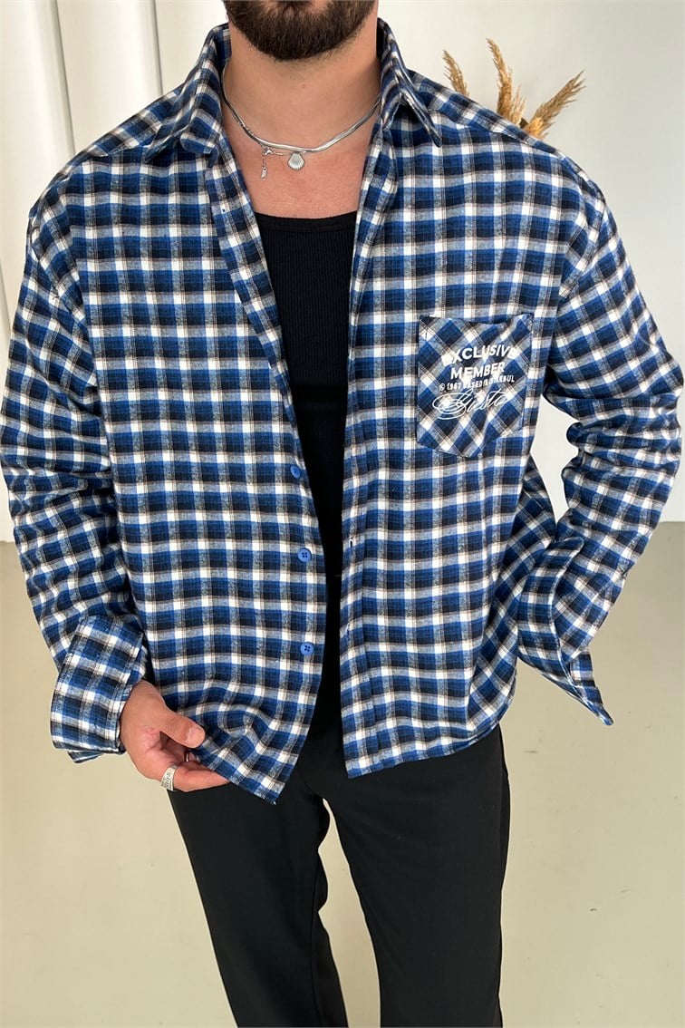 Exclusive Member Nakışlı Box Fit Oduncu Gömlek Mavi