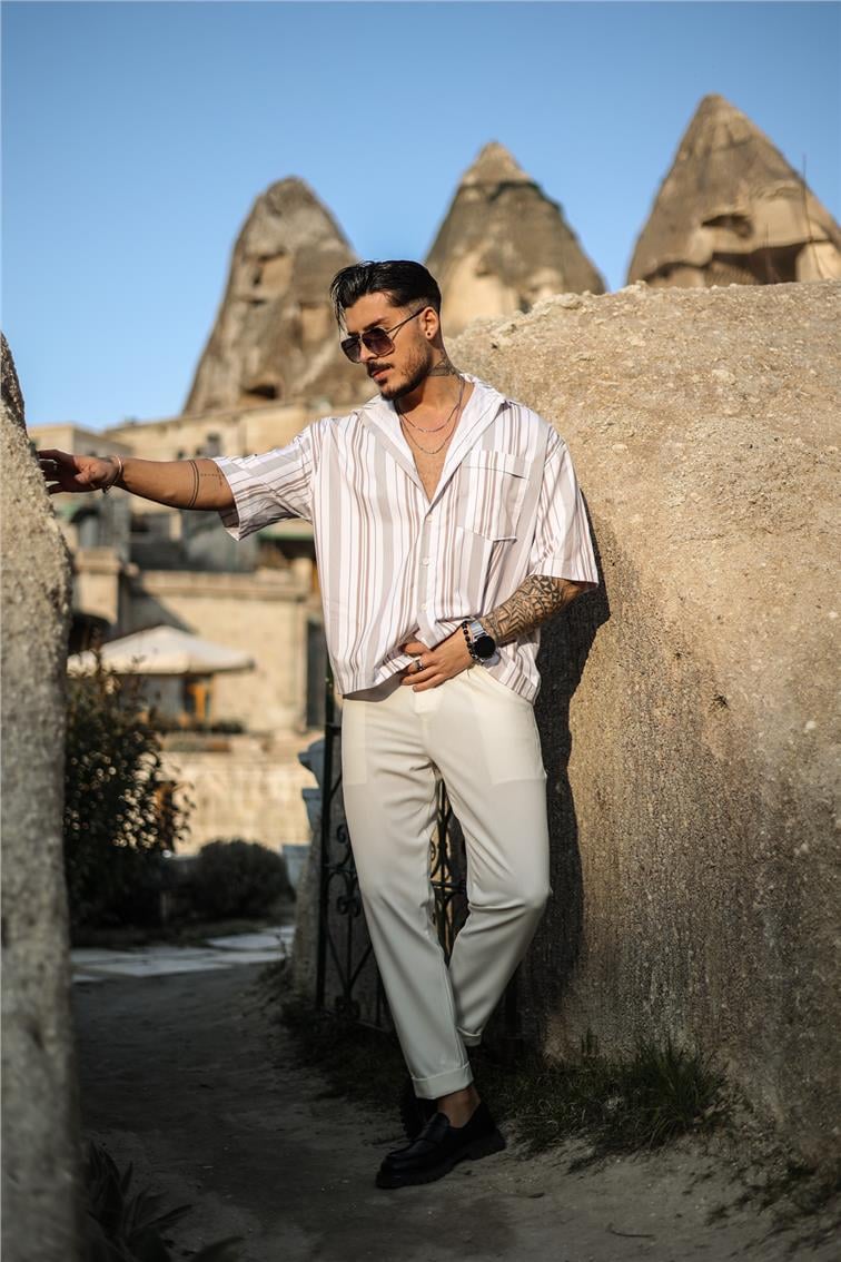 Fakir Kol Çizgili Oversize Kısa Kol Gömlek Kahve