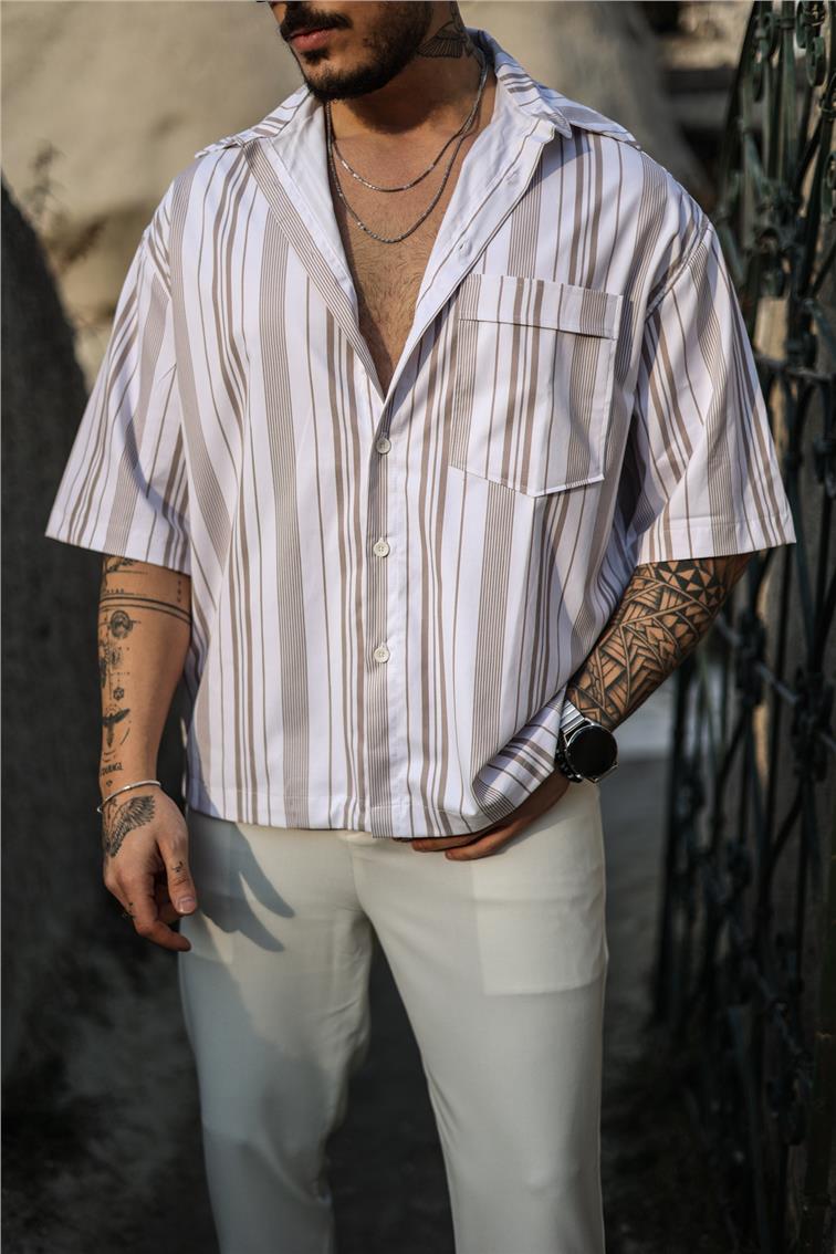 Fakir Kol Çizgili Oversize Kısa Kol Gömlek Kahve