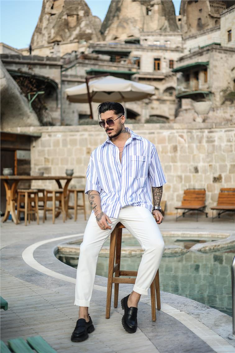 Fakir Kol Çizgili Oversize Kısa Kol Gömlek Mavi