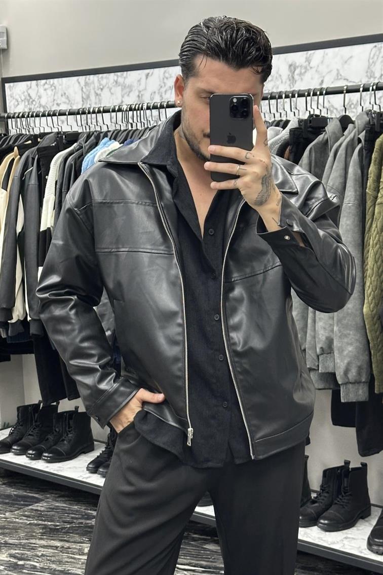 Fermuarlı Basic Bol Deri Ceket Siyah