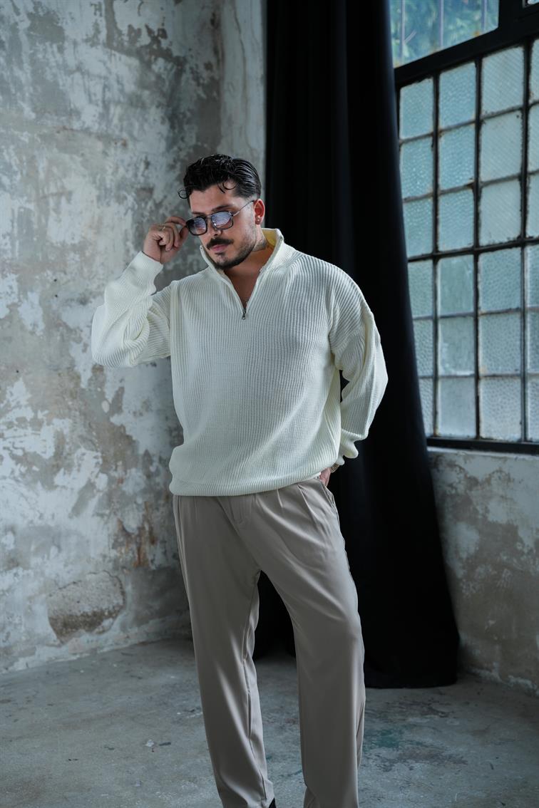 Fermuarlı Kazak Beyaz