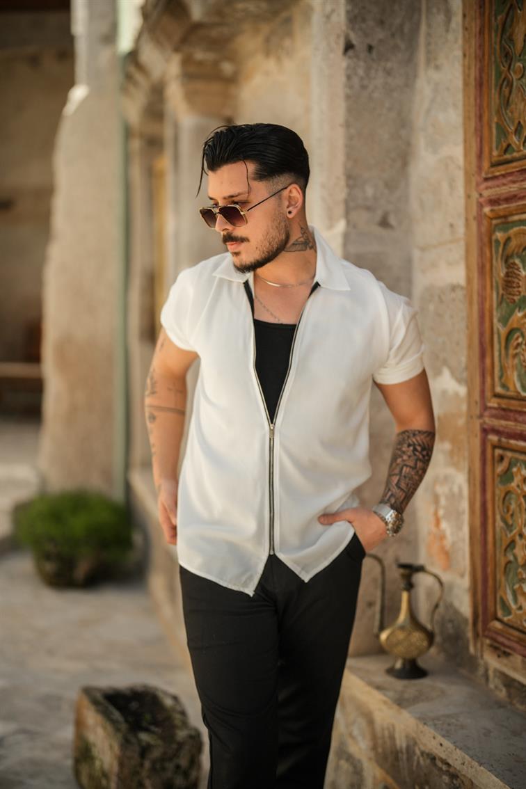 Fermuarlı Kısa Kol Oversize Gömlek Beyaz