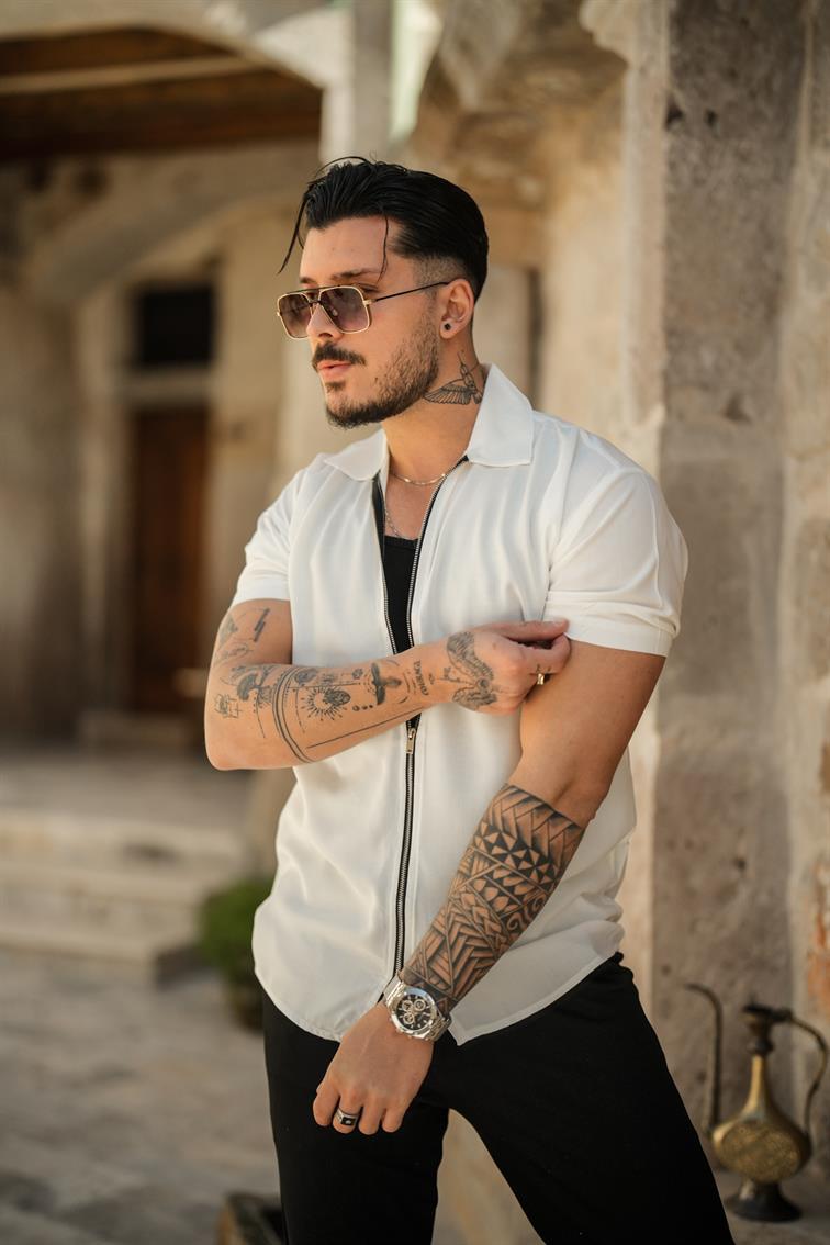 Fermuarlı Kısa Kol Oversize Gömlek Beyaz