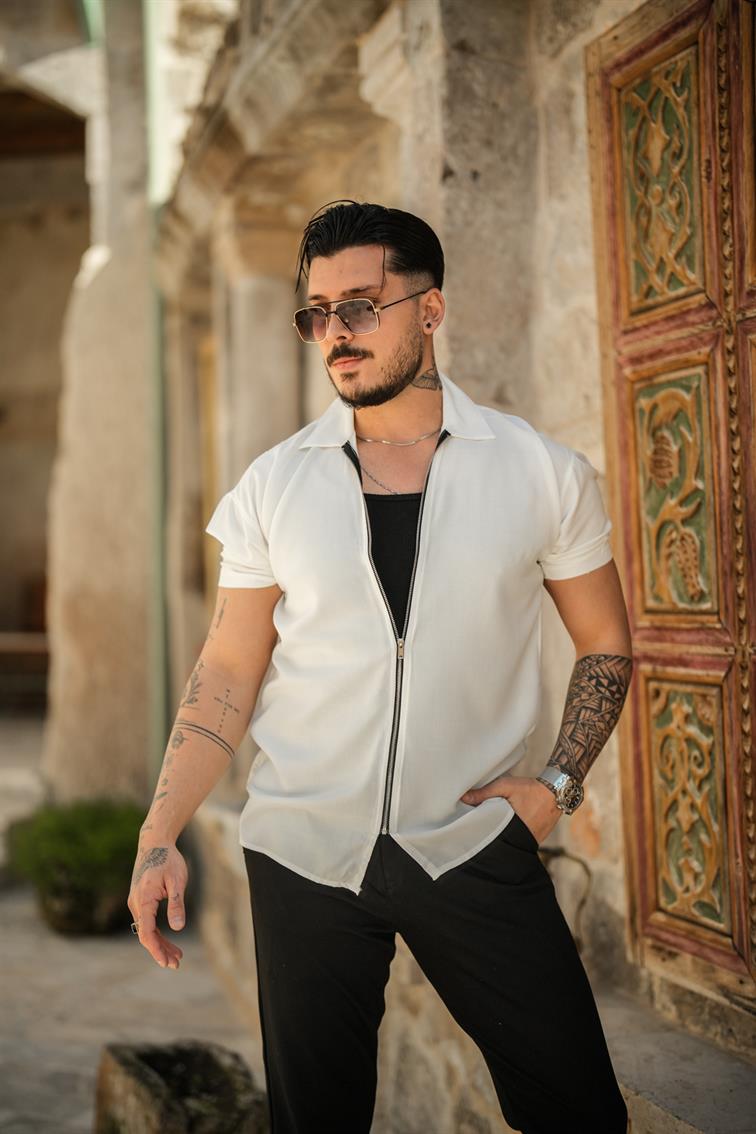 Fermuarlı Kısa Kol Oversize Gömlek Beyaz