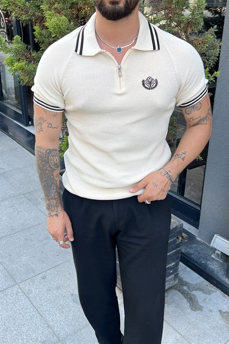 Fermuarlı Polo Nakışlı Triko Tshirt Krem