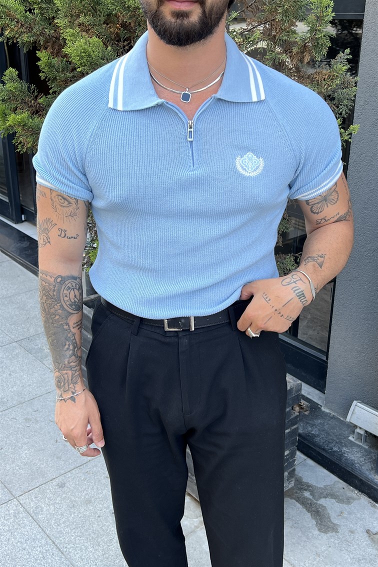 Fermuarlı Polo Nakışlı Triko Tshirt Mavi