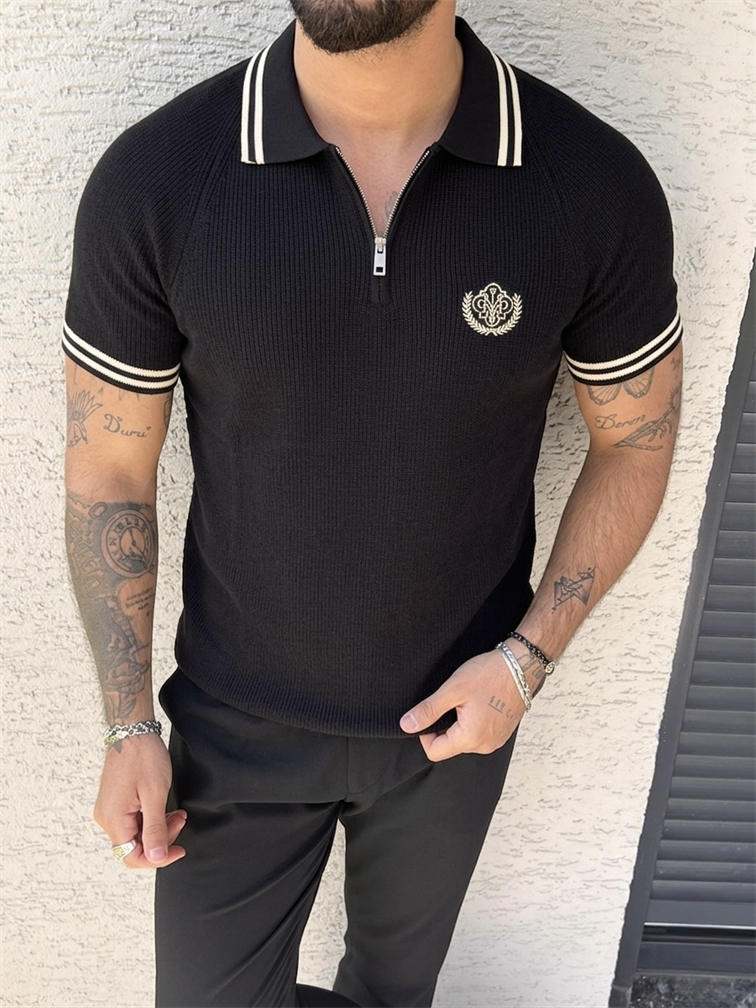 Fermuarlı Polo Nakışlı Triko Tshirt Siyah