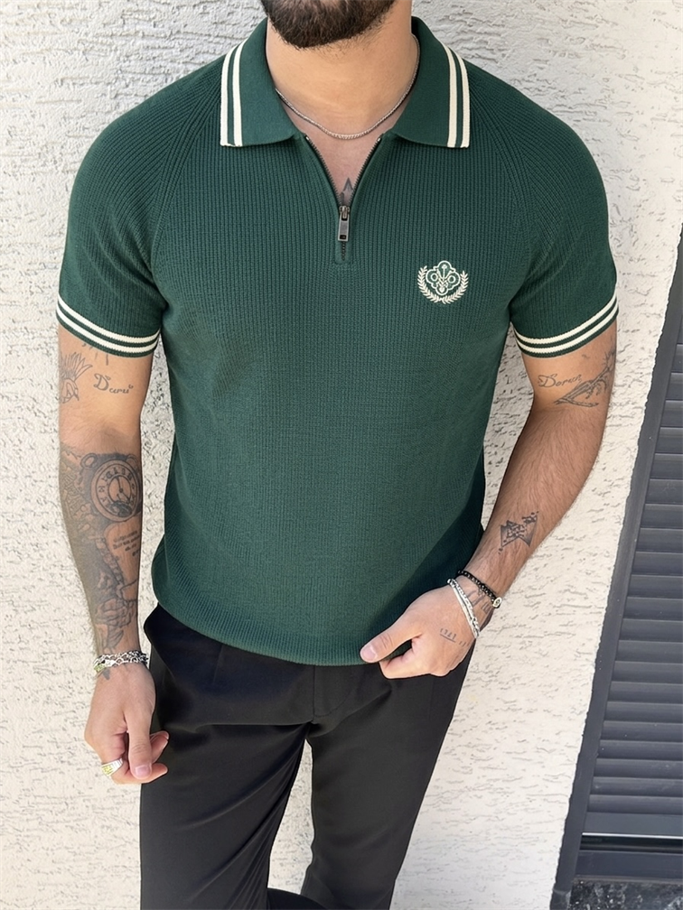 Fermuarlı Polo Nakışlı Triko Tshirt Yeşil