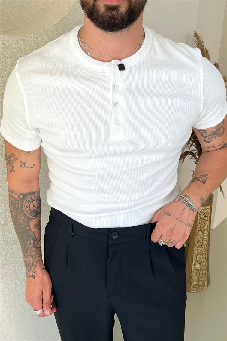 Fit Düğmeli Ribana Tshirt Beyaz