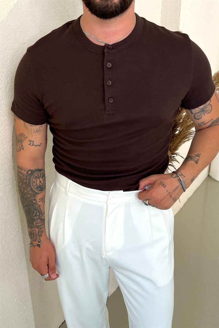 Fit Düğmeli Ribana Tshirt Kahve