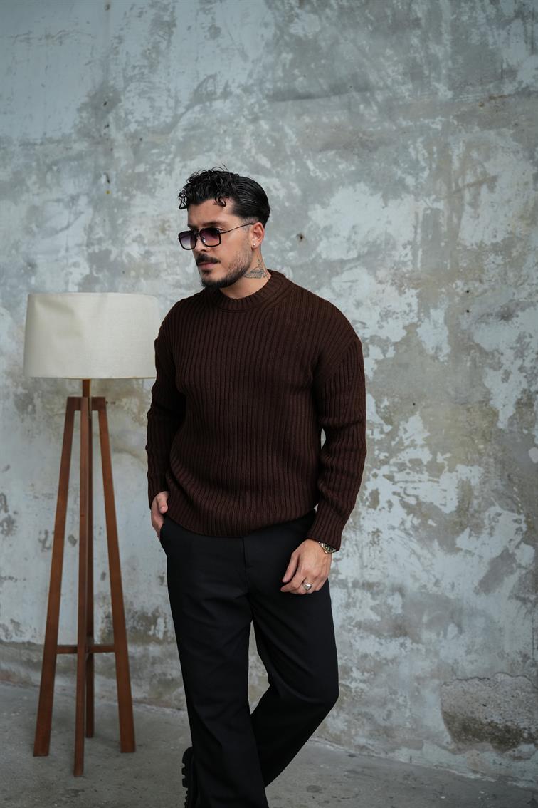 Fitilli Örme Basic Kazak Acı Kahve