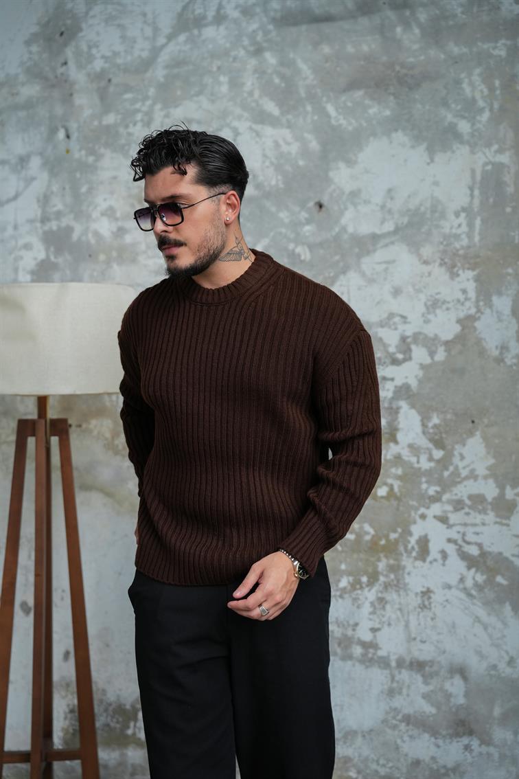 Fitilli Örme Basic Kazak Acı Kahve