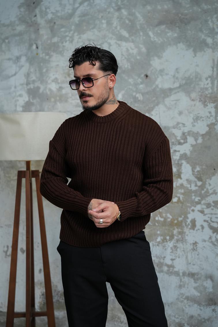 Fitilli Örme Basic Kazak Acı Kahve