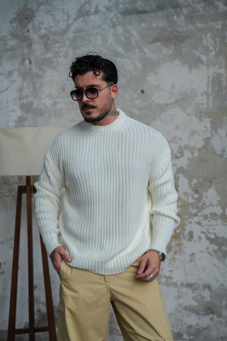 Fitilli Örme Basic Kazak Beyaz