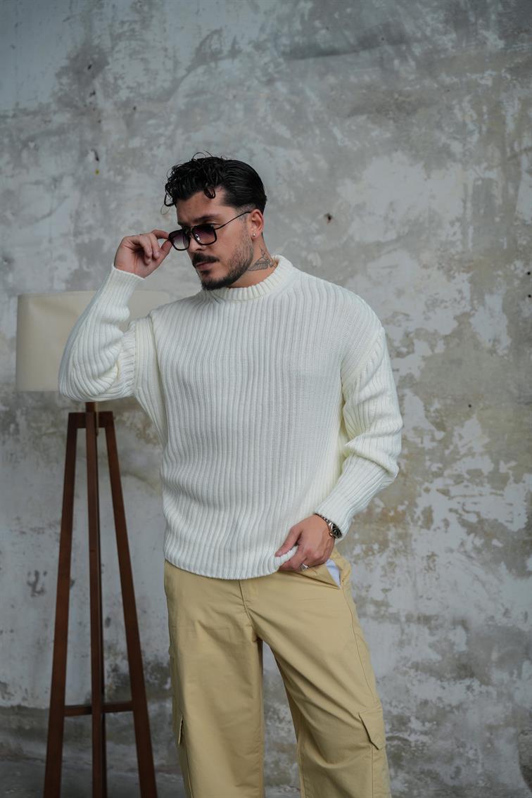 Fitilli Örme Basic Kazak Beyaz