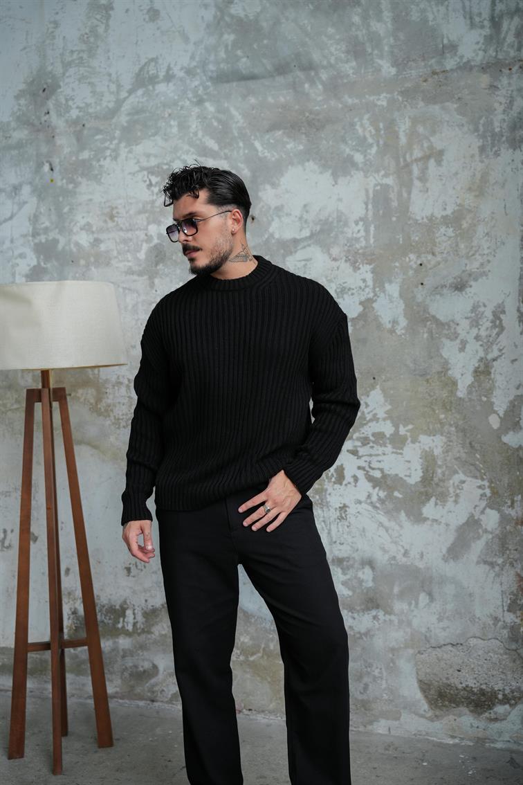 Fitilli Örme Basic Kazak Siyah