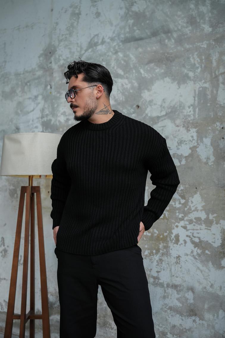 Fitilli Örme Basic Kazak Siyah