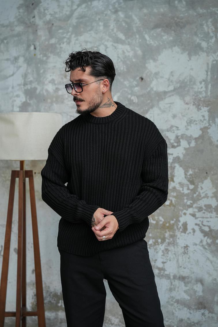 Fitilli Örme Basic Kazak Siyah