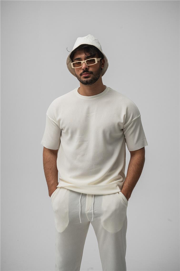 Fitilli Oversize T-Shirt Beyaz