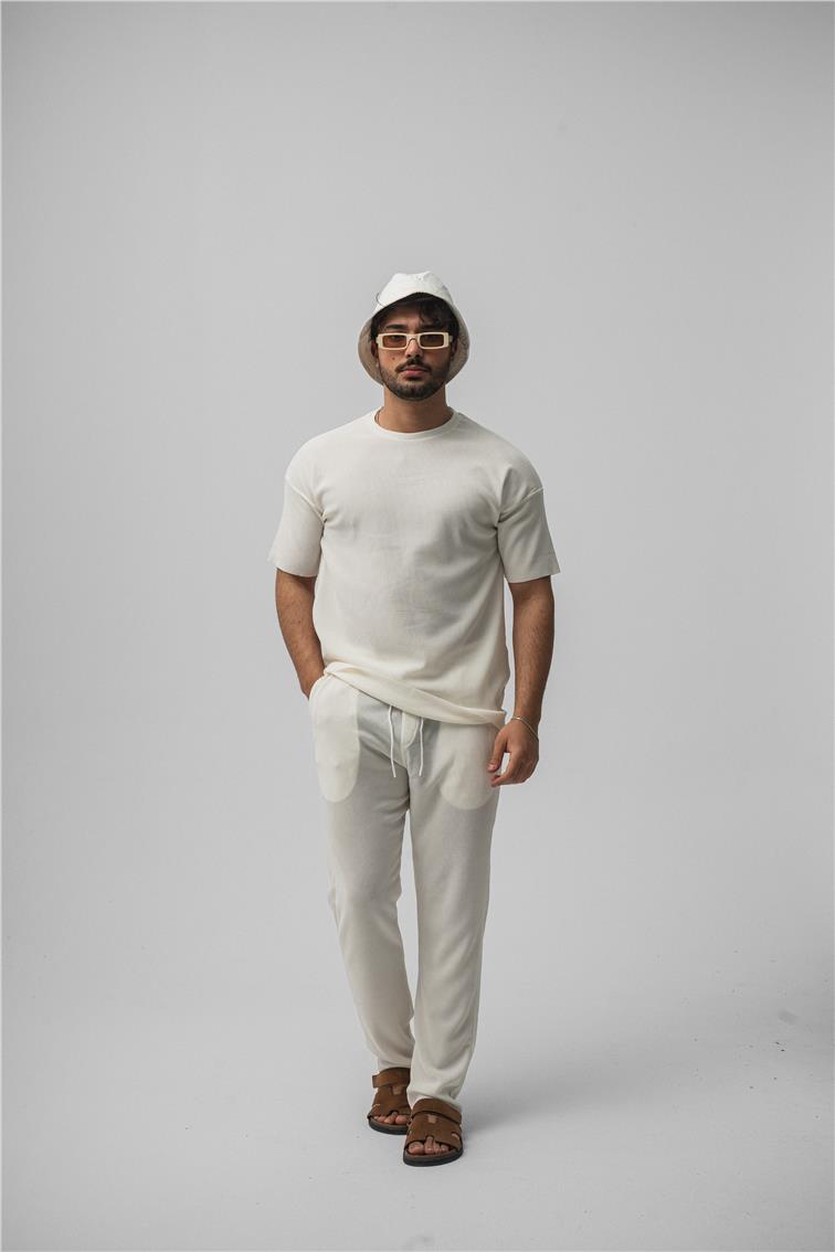 Fitilli Oversize T-Shirt Beyaz