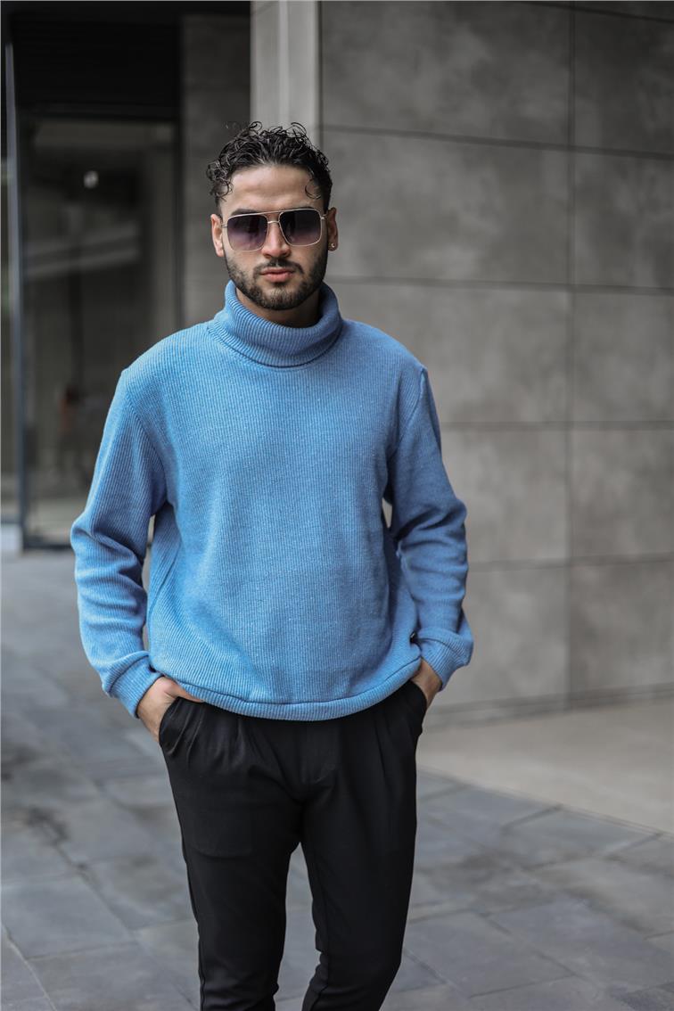 Geniş Ribanalı Oversize Boğazlı Kazak İndigo