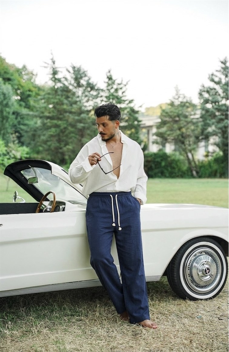 Halat Bağlamalı Keten Baggy Pantolon Lacivert