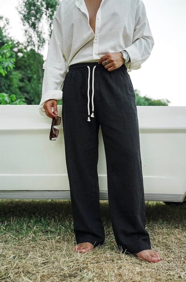 Halat Bağlamalı Keten Baggy Pantolon Siyah