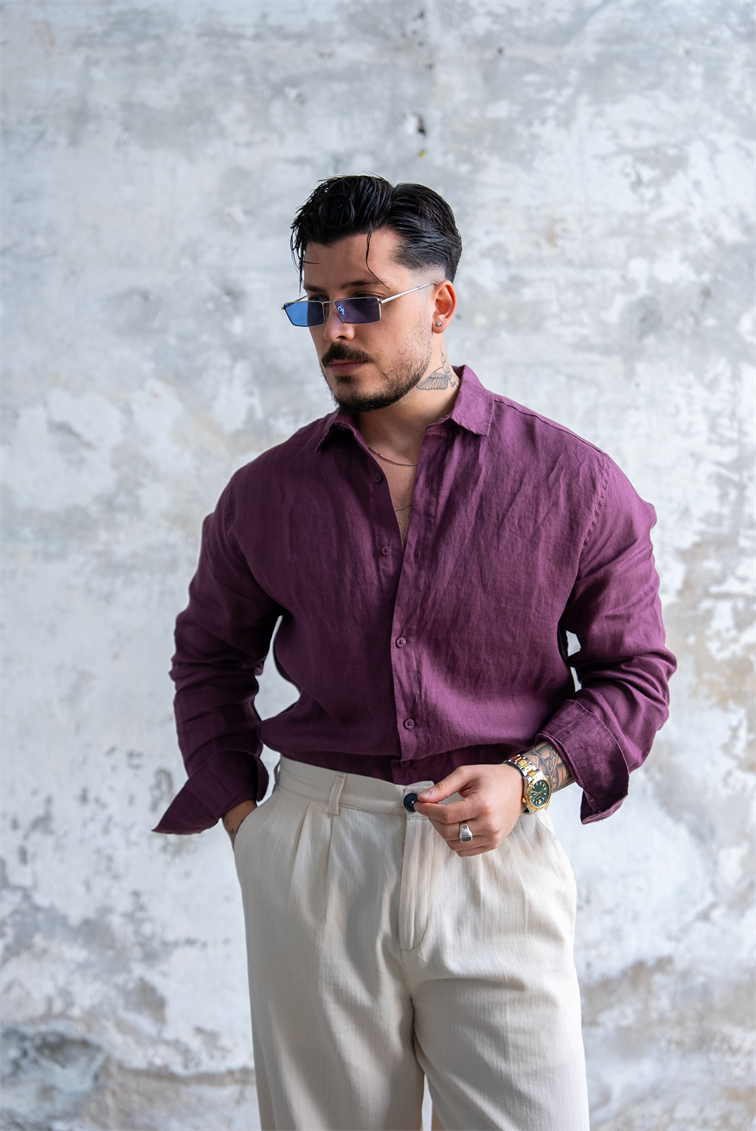 Ham Keten Oversize Gömlek Bordo