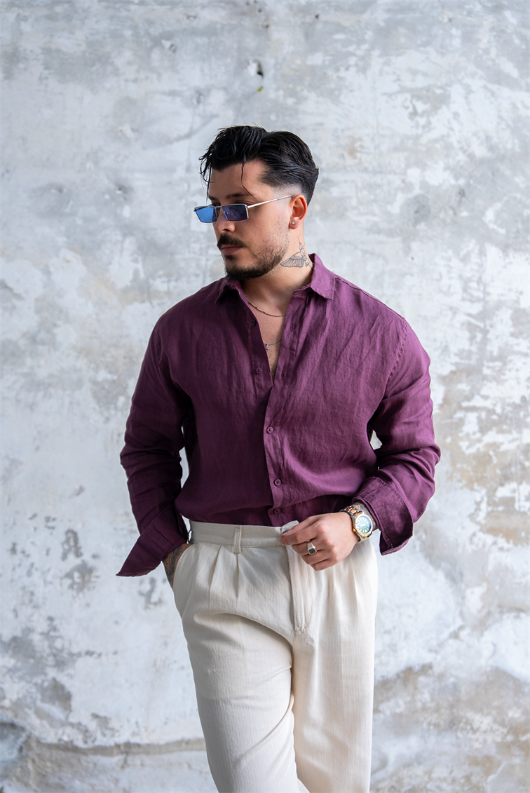 Ham Keten Oversize Gömlek Bordo