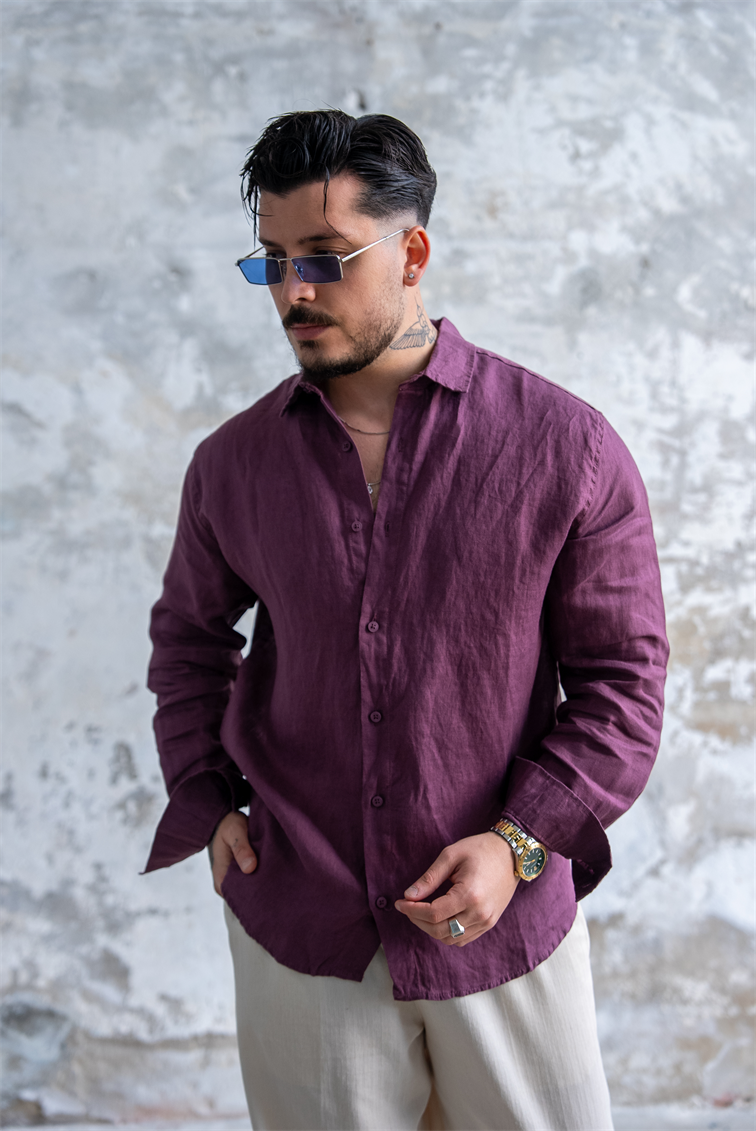 Ham Keten Oversize Gömlek Bordo