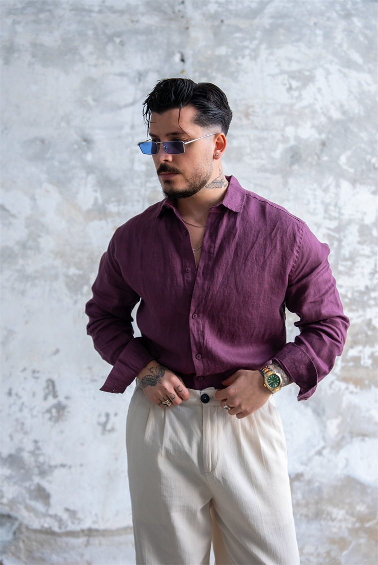 Ham Keten Oversize Gömlek Bordo