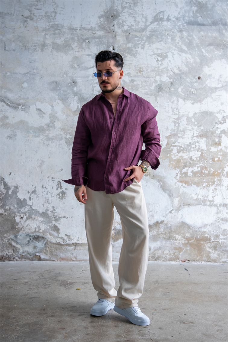 Ham Keten Oversize Gömlek Bordo