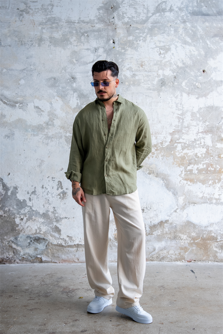 Ham Keten Oversize Gömlek Yeşil