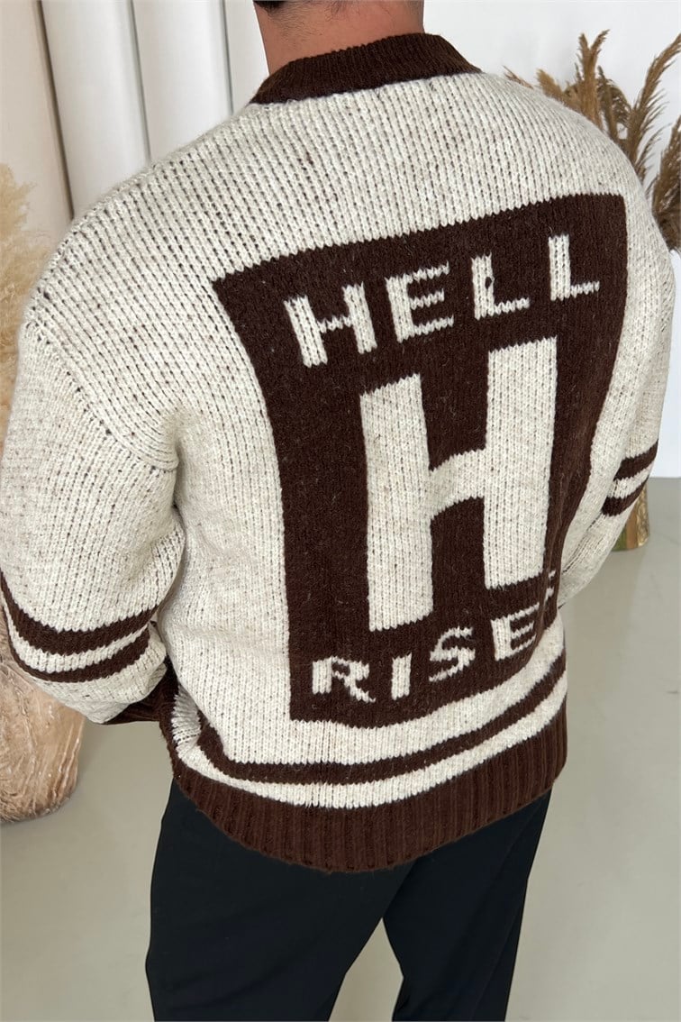 Hell Rises Arka Baskılı Yün Oversize Kazak Kahve