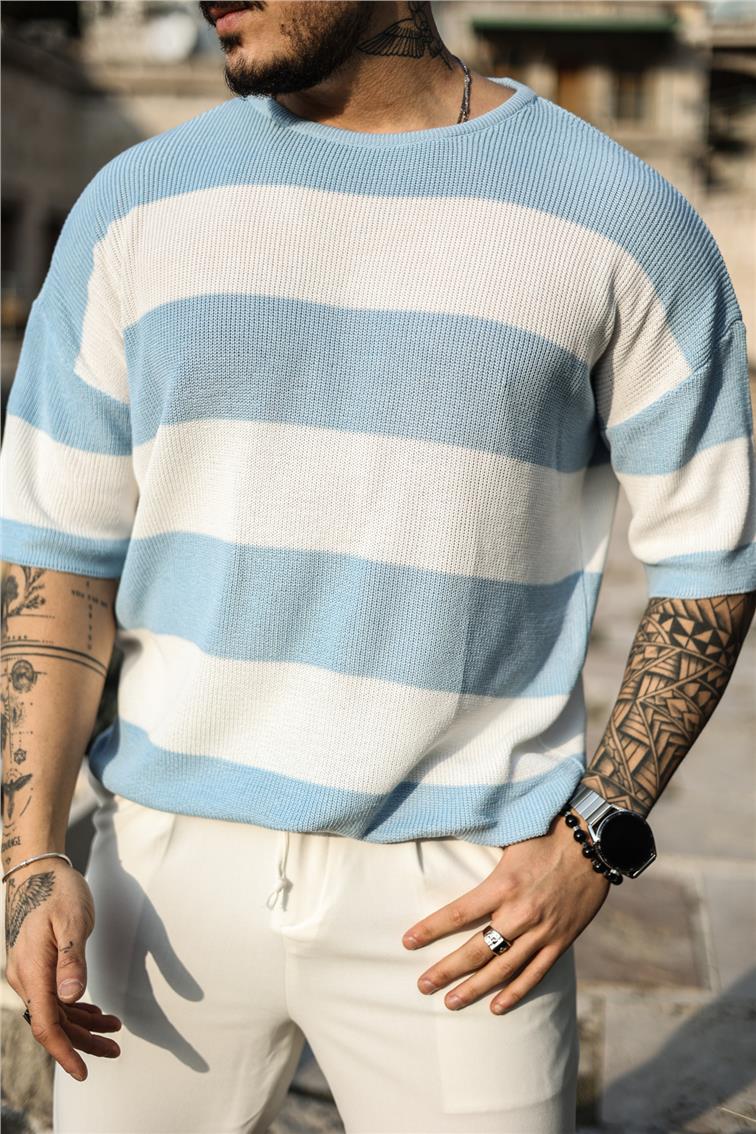 İki Renkli Örme Oversize T-Shirt Açık Mavi