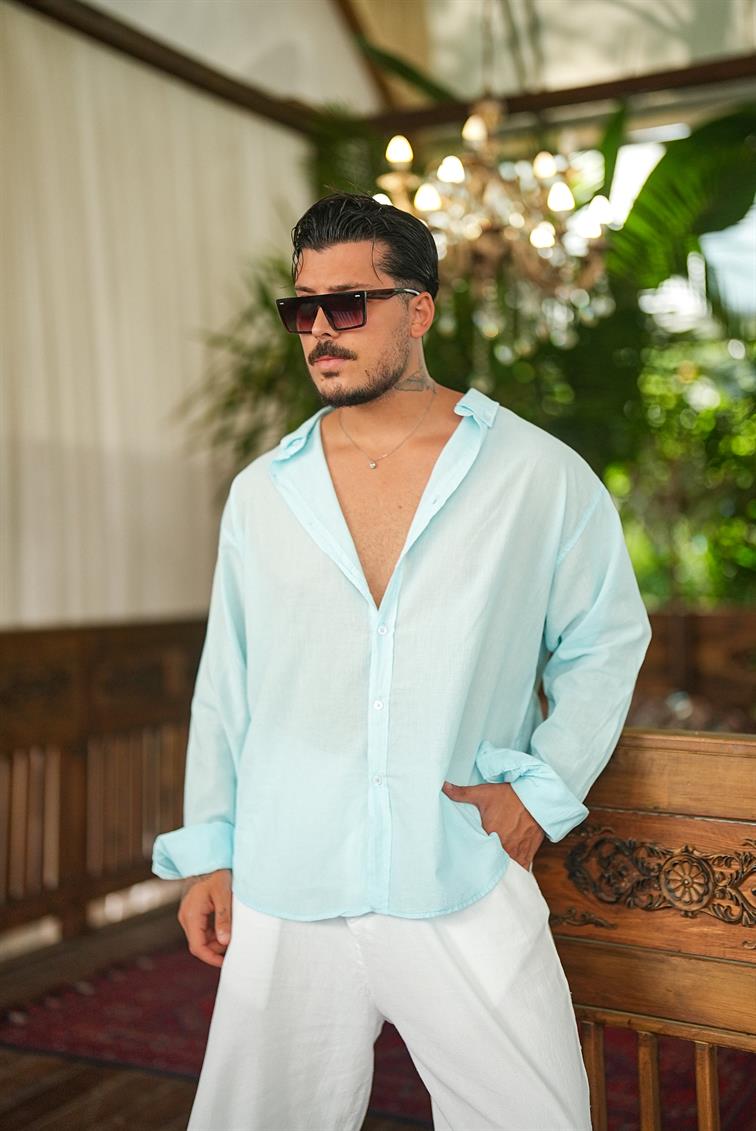 İnce Keten Beyaz Düğmeli Bol Gömlek Açık Mavi