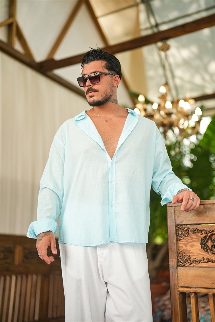 İnce Keten Oversize Gömlek Bebe Mavisi