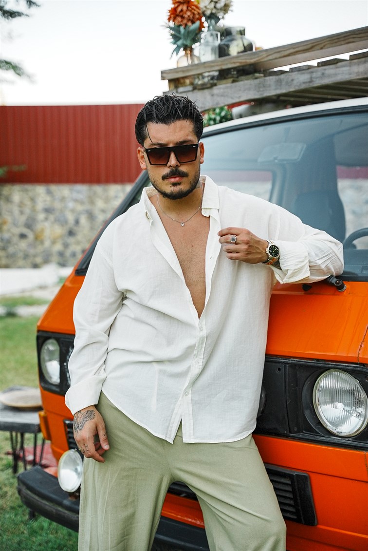 İnce Keten Oversize Gömlek Krem